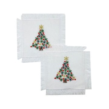 Çam Ağacı Nakışlı Keten Kokteyl Peçetesi / 2'li Set