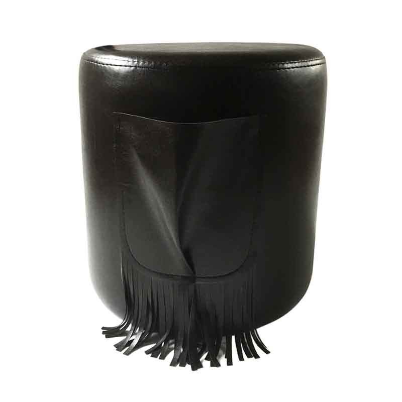 Dark Black Leather Pouf with Pocket
