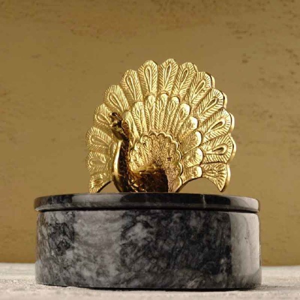Brass Peacock Decorated Marble Box