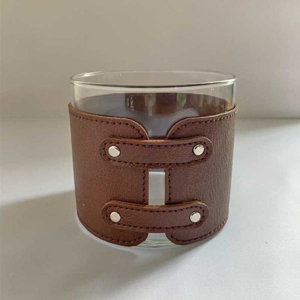 Deri Aksesuarlı Cam Mumluk/ Taba 10cm