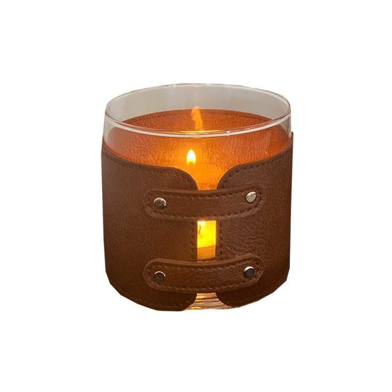 Deri Aksesuarlı Cam Mumluk/ Taba 10cm