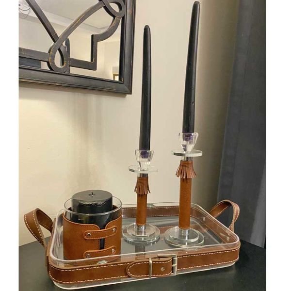 Deri Aksesuarlı Cam Mumluk/ Taba 10cm