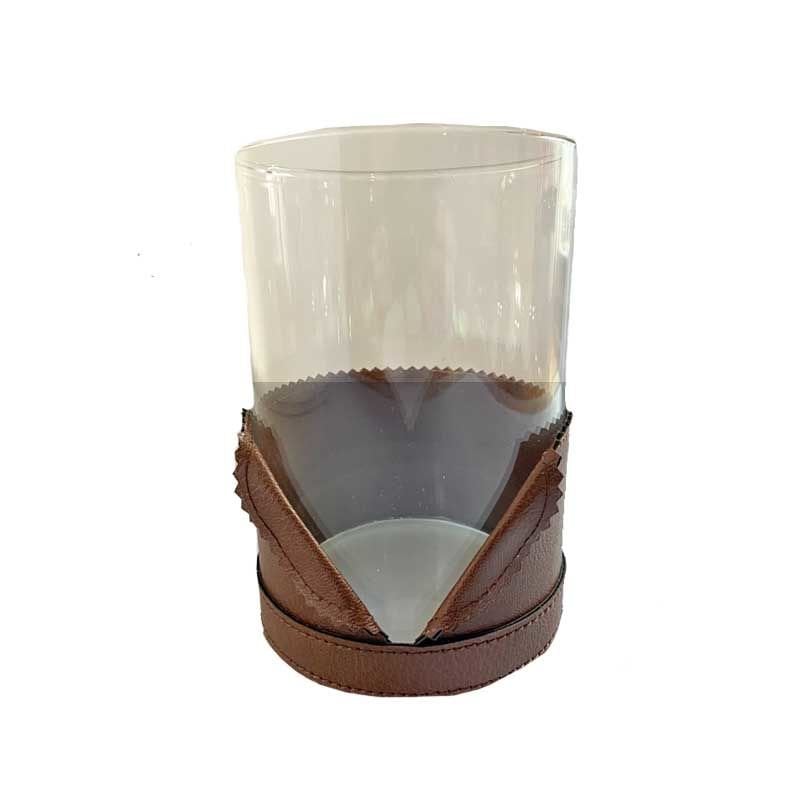 Deri Aksesuarlı Cam Fener /Taba 15cm