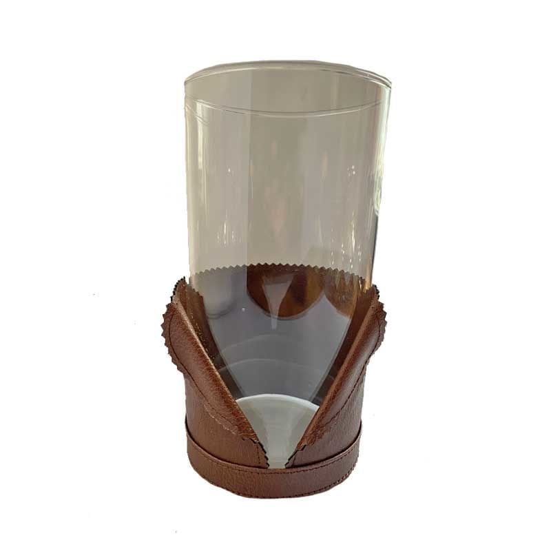 Deri Aksesuarlı Cam Fener / Taba 20cm