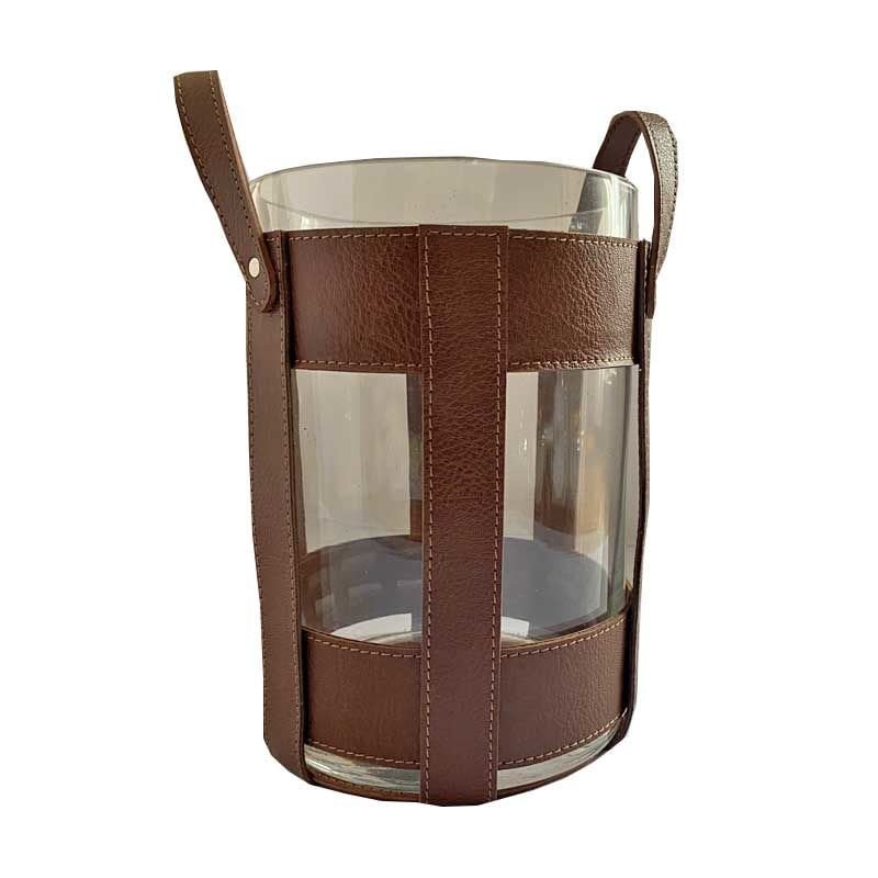 Deri Aksesuarlı Saplı Cam Fener / Taba 20cm