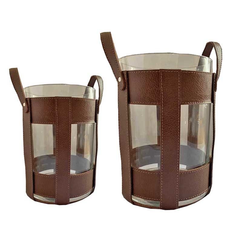 Deri Aksesuarlı Saplı Cam Fener / Taba 30cm