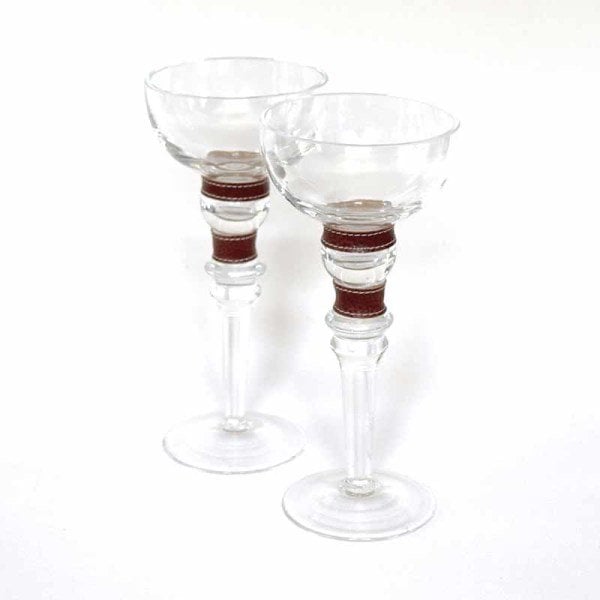 Kahve Deri Aksesuarlı Cam Şamdan 2'li Set