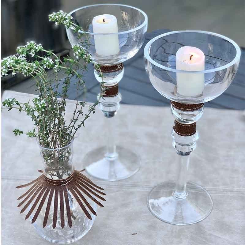 Kahve Deri Aksesuarlı Cam Şamdan 2'li Set