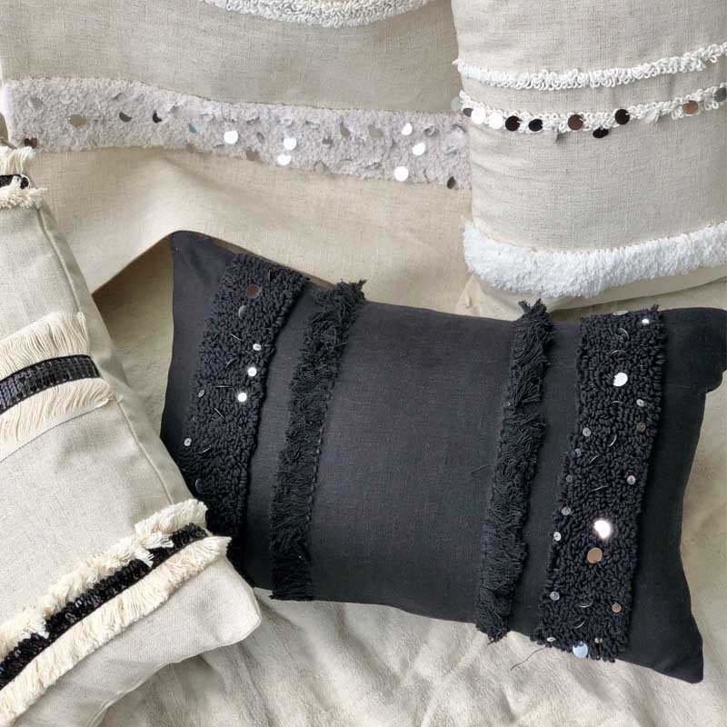 Moroccan Chic Siyah Keten Kırlent Kılıfı