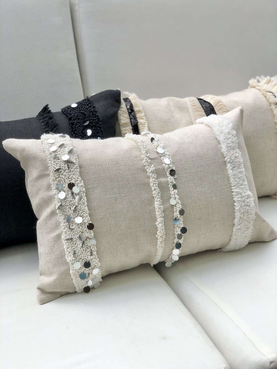 Moroccan Chic Bej Keten Punch Kırlent Kılıfı