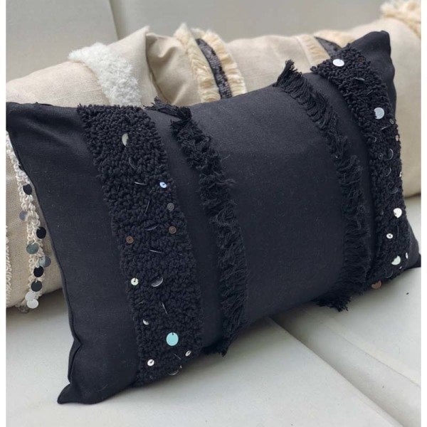 Moroccan Chic Siyah Keten Punch Kırlent Kılıfı
