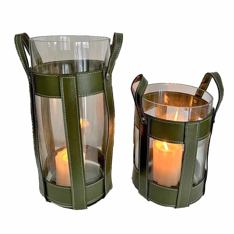 Deri Aksesuarlı Saplı Cam Fener / Taba 20cm Yeşil
