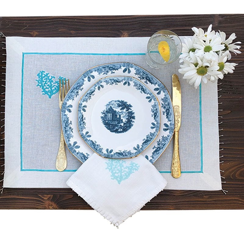 Mercan&Boncuk Nakışlı Keten Amerikan Servis 2'li Set