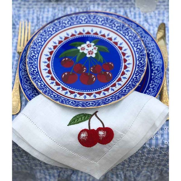 Kiraz Nakışlı Antika Detaylı Keten Peçete 2li Set