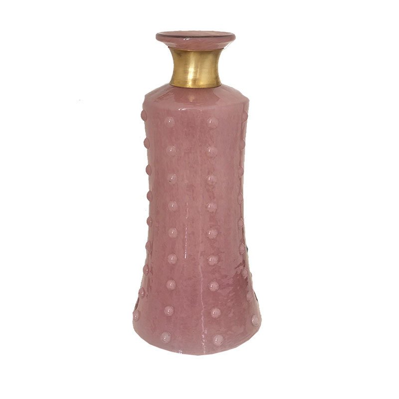 Pirinç Detaylı Pembe Cam Vazo